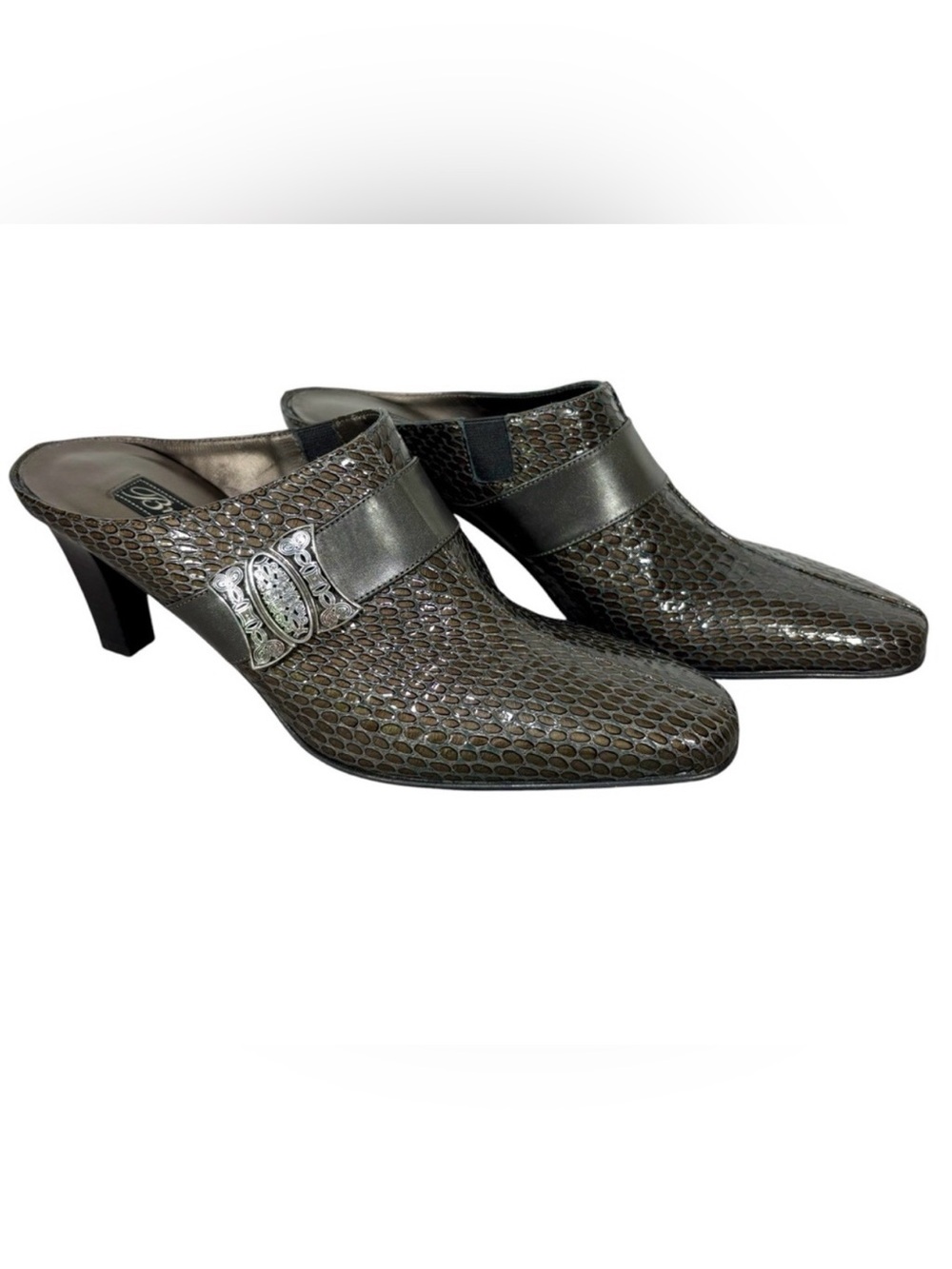 Brighton RHYME Metallic Bronze Snake-Embossed Slip-On 3” Heels- woman’s 7 N